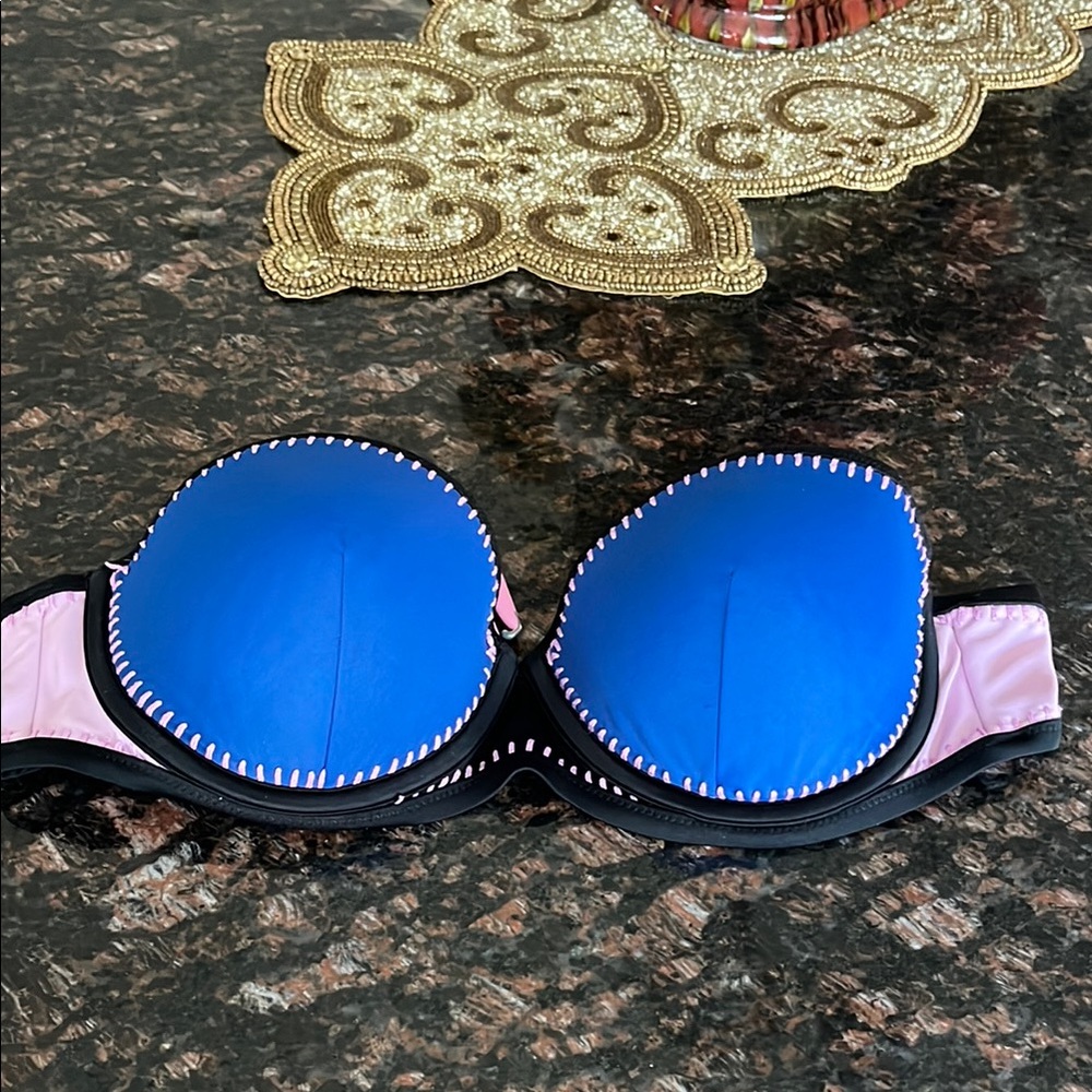 Victoria's Secret Blue Pink and Black Bikini Top With Pink Stitching Detail
